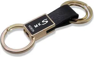 Lincoln MKS Round Hook Leather Strip Double Ring Golden Metal Key Chain