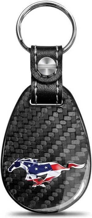 Ford Mustang USA Flag Real Black Carbon Fiber with Leather Strap Large Tear Drop Key Chain