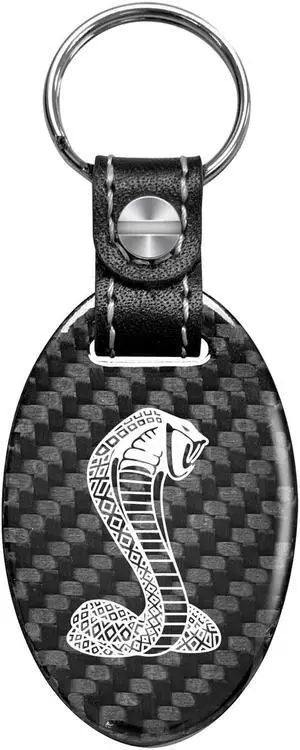 Ford Mustang Cobra Real Carbon Fiber Oval Shape Black Leather Strap Key Chain Ford Mustang Cobra Real Carbon Fiber Oval Shape Black Leather Strap Key Chain