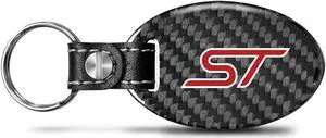 Ford Focus ST Real Carbon Fiber Large Oval Shape Black Leather Strap Key Chain