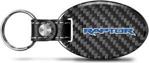 Ford Raptor in Blue Real Carbon Fiber Oval Shape Black Leather Strap Key Chain
