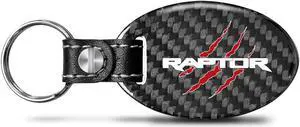 Ford Raptor Claw Mark Real Carbon Fiber Oval Shape Black Leather Strap Key Chain
