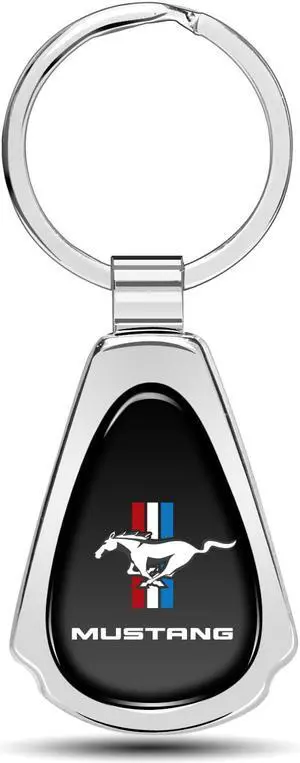 Ford Mustang Tri-Bar Black Dome Chrome Metal Teardrop Key Chain