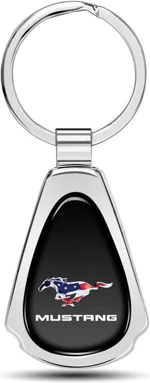 Ford Mustang Pony in USA Flag Black Dome Chrome Metal Teardrop Key Chain