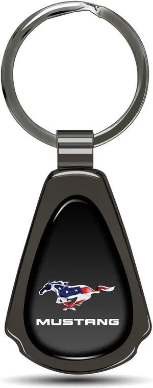 Ford Mustang Pony in USA Flag Black Dome Dark Gunmetal Metal Teardrop Key Chain