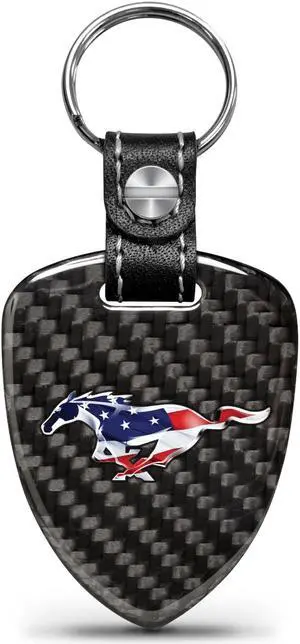 Ford Mustang Pony in USA Flag Real Black Carbon Fiber Large Shield-Style Key Chain