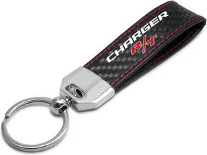 Dodge Charger R/T Real Black Carbon Fiber Loop Strap Key Chain with Red Stitching
