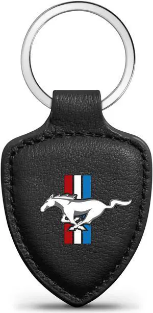Ford Mustang Tri-Bar Logo Black Real Leather Shield-Style Key Chain