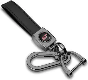 Ford ST Logo in Black on Black Leather Loop-Strap Dark Gunmetal Hook Key Chain