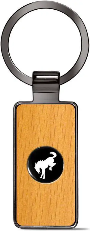 Ford Bronco Roundel Logo in Black on Maple Wood Gray Gunmetal Metal Case Key Chain