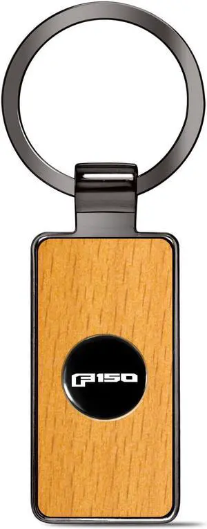 Ford F-150 2015 up Roundel Logo in Black on Maple Wood Gray Gunmetal Metal Case Key Chain