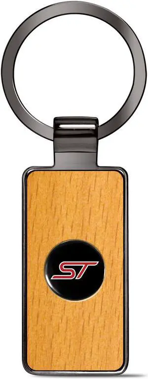 Ford ST Roundel Logo in Black on Maple Wood Gray Gunmetal Metal Case Key Chain