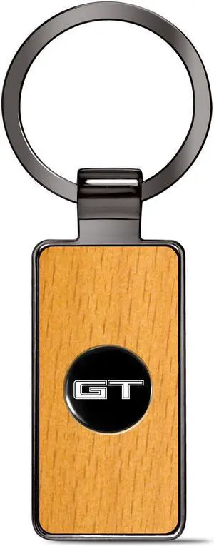 Ford Mustang GT Roundel Logo in Black on Maple Wood Gray Gunmetal Metal Case Key Chain