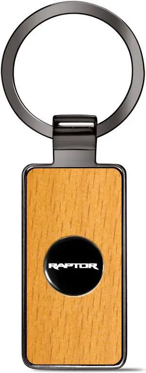 Ford F-150 Raptor Roundel Logo in Black on Maple Wood Gray Gunmetal Metal Case Key Chain