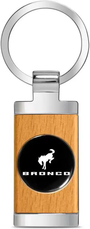 Ford Bronco Roundel Logo in Black on Maple Wood Chrome Metal Trim Key Chain