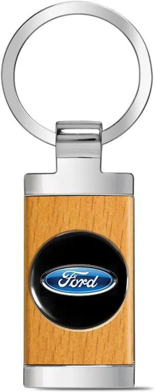 Ford Roundel Logo in Black on Maple Wood Chrome Metal Trim Key Chain