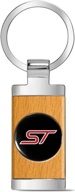 Ford ST Roundel Logo in Black on Maple Wood Chrome Metal Trim Key Chain