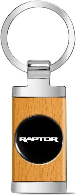 Ford F-150 Raptor Roundel Logo in Black on Maple Wood Chrome Metal Trim Key Chain