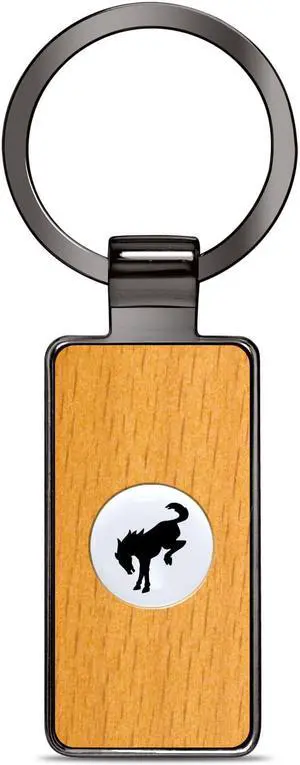 Ford Bronco Roundel Logo in White on Maple Wood Gray Gunmetal Metal Case Key Chain