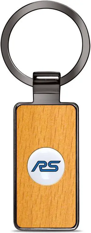 Ford Focus RS Roundel Logo in White on Maple Wood Gray Gunmetal Metal Case Key Chain