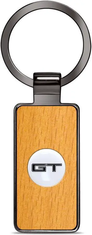 Ford Mustang GT Roundel Logo in White on Maple Wood Gray Gunmetal Metal Case Key Chain