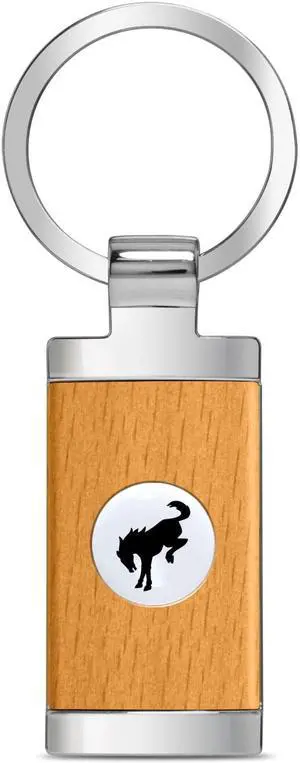 Ford Bronco Roundel Logo in White on Maple Wood Chrome Metal Trim Key Chain