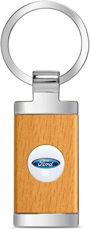 Ford Roundel Logo in White on Maple Wood Chrome Metal Trim Key Chain