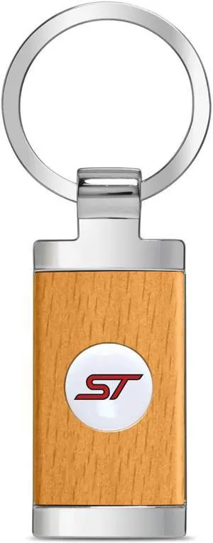 Ford ST Roundel Logo in White on Maple Wood Chrome Metal Trim Key Chain