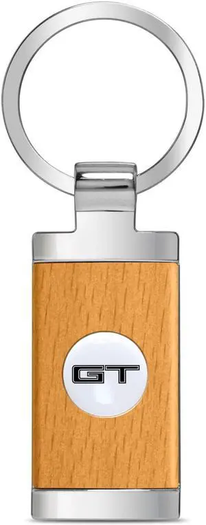Ford Mustang GT Roundel Logo in White on Maple Wood Chrome Metal Trim Key Chain
