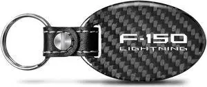 Ford F-150 Lightning Real Carbon Fiber Large Oval Shape with Black Leather Strap Key Chain