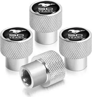 Ford Mustang 50 Years in Black on Silver Chrome Aluminum Tire Valve Stem Caps