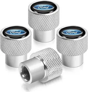 Ford Logo in Black on Silver Chrome Aluminum Tire Valve Stem Caps