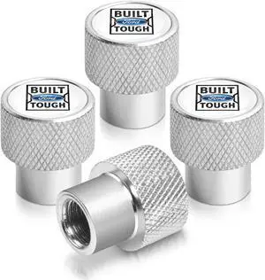 Ford Built-Ford-Tough in White on Silver Chrome Aluminum Tire Valve Stem Caps