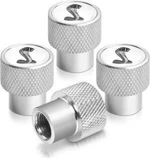 Ford Mustang Cobra in White on Silver Chrome Aluminum Tire Valve Stem Caps