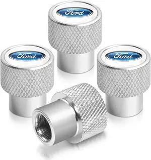 Ford Logo in White on Silver Chrome Aluminum Tire Valve Stem Caps