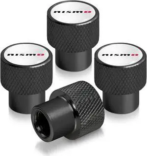 Nissan NISMO in White on Black Aluminum Tire Valve Stem Caps
