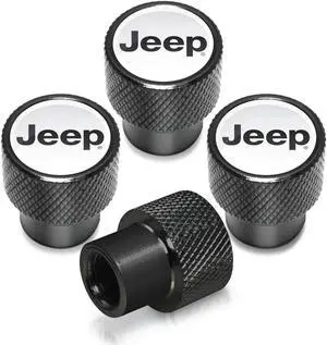 Jeep in White on Black Aluminum Tire Valve Stem Caps
