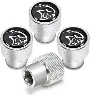 Dodge SRT Hellcat in Black on Shining Silver Aluminum Tire Valve Stem Caps