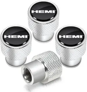 HEMI Logo in Black on Shining Silver Aluminum Tire Valve Stem Caps