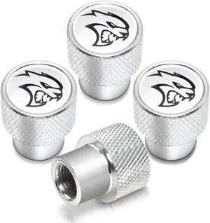 Dodge SRT Hellcat in White on Shining Silver Aluminum Tire Valve Stem Caps