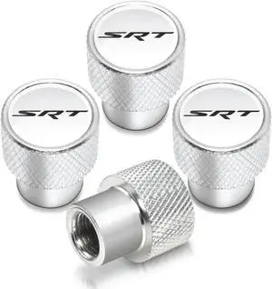 SRT Logo in White on Shining Silver Aluminum Tire Valve Stem Caps for Dodge Jeep