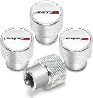 SRT-8 in White on Shining Silver Aluminum Tire Valve Stem Caps for Dodge Jeep