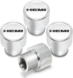 HEMI Logo in White on Shining Silver Aluminum Tire Valve Stem Caps