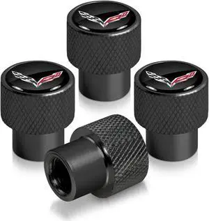 Chevrolet Corvette C7 Logo in Black on Black Aluminum Tire Valve Stem Caps