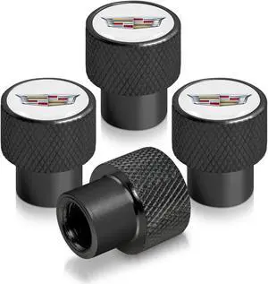 Cadillac Crest Logo in White on Black Aluminum Tire Valve Stem Caps