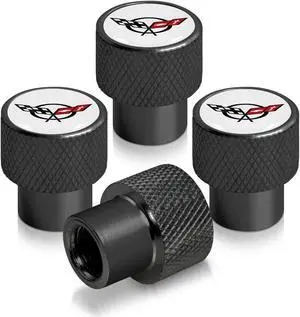 Chevrolet Corvette C5 Logo in White on Black Aluminum Tire Valve Stem Caps