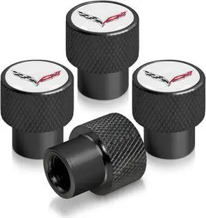 Chevrolet Corvette C7 Logo in White on Black Aluminum Tire Valve Stem Caps