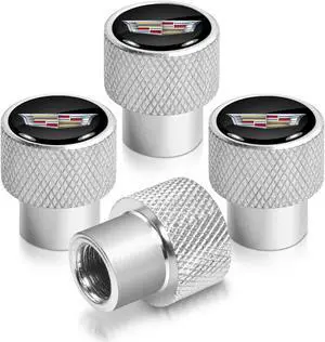 Cadillac Crest Logo in Black on Shining Silver Aluminum Tire Valve Stem Caps