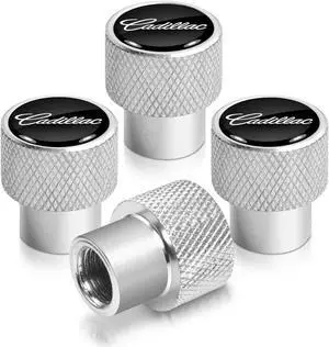 Cadillac Script Nameplate Black on Shining Silver Aluminum Tire Valve Stem Caps