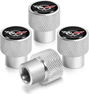 Chevrolet Corvette C5 Logo Black on Shining Silver Aluminum Tire Valve Stem Caps